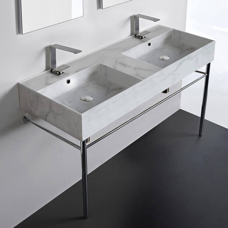 Scarabeo 5143-F-CON-Two Hole Marble Design Ceramic Console Double Sink With Polished Chrome Stand